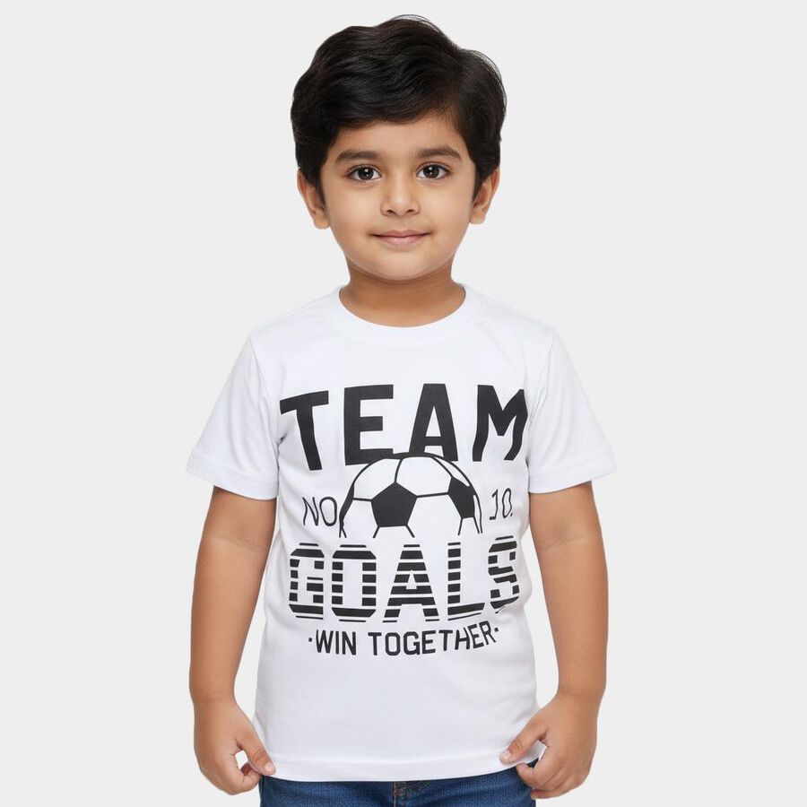 Boys Bright Snow White Round Neck Casual Half Sleeve T-Shirt, सफ़ेद, large image number null