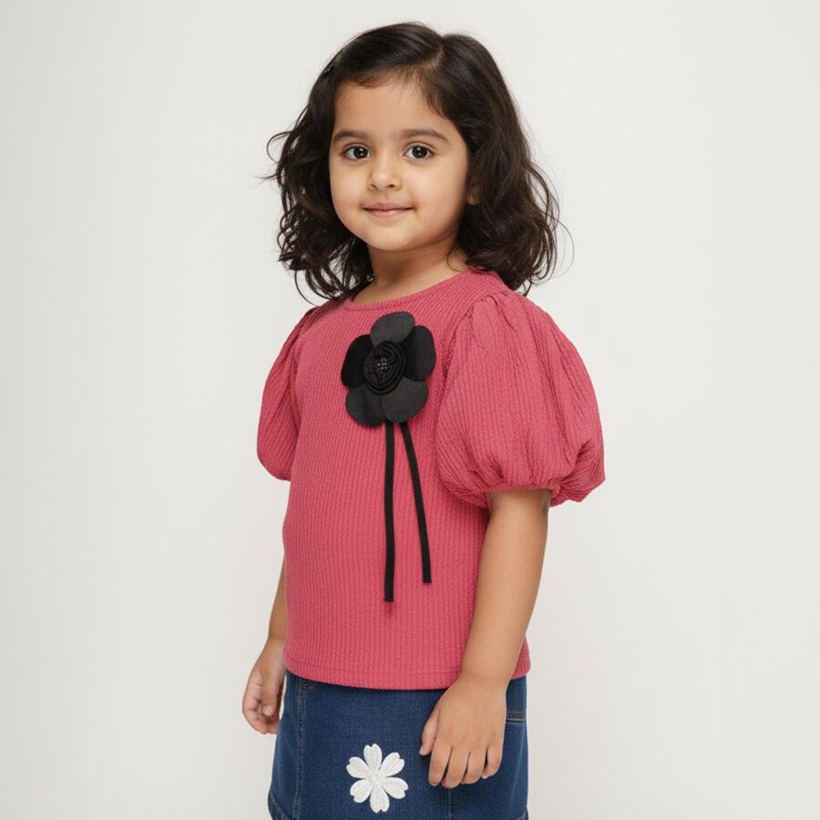 Girls Dusty Rose Pink Round Neck Puff Sleeve T-Shirt, Pink, large