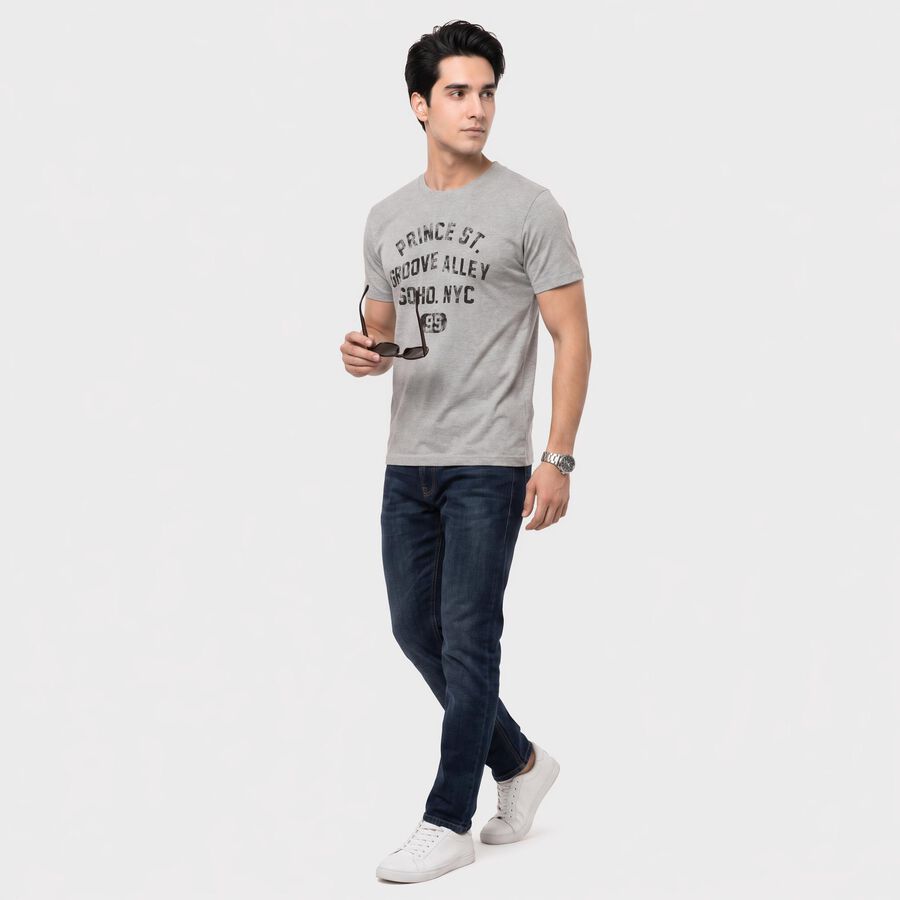 Men's Grey Round Neck Graphic Print Regular T-Shirt, Melange Mid Grey, large