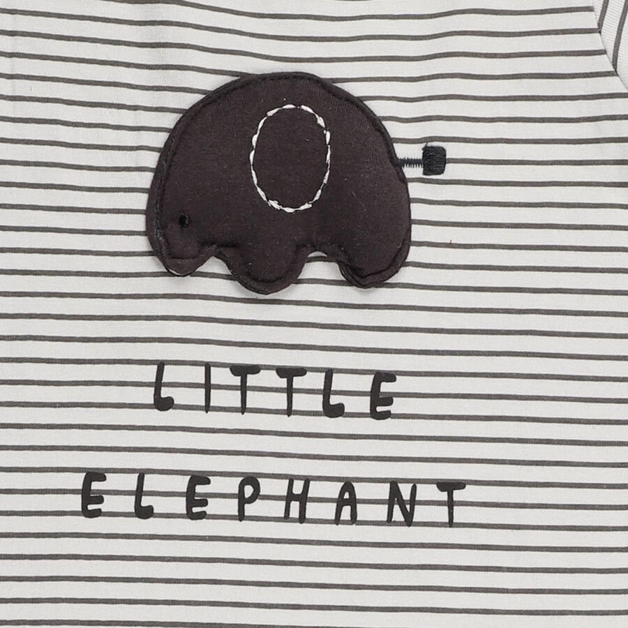 Infants White and Charcoal Grey Cotton Elephant Printed Baba Suit, Charcoal, large image number null