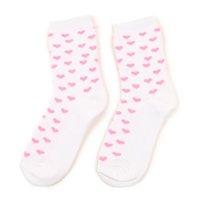 Women's White and Pink Ankle-Length Heart Pattern Socks