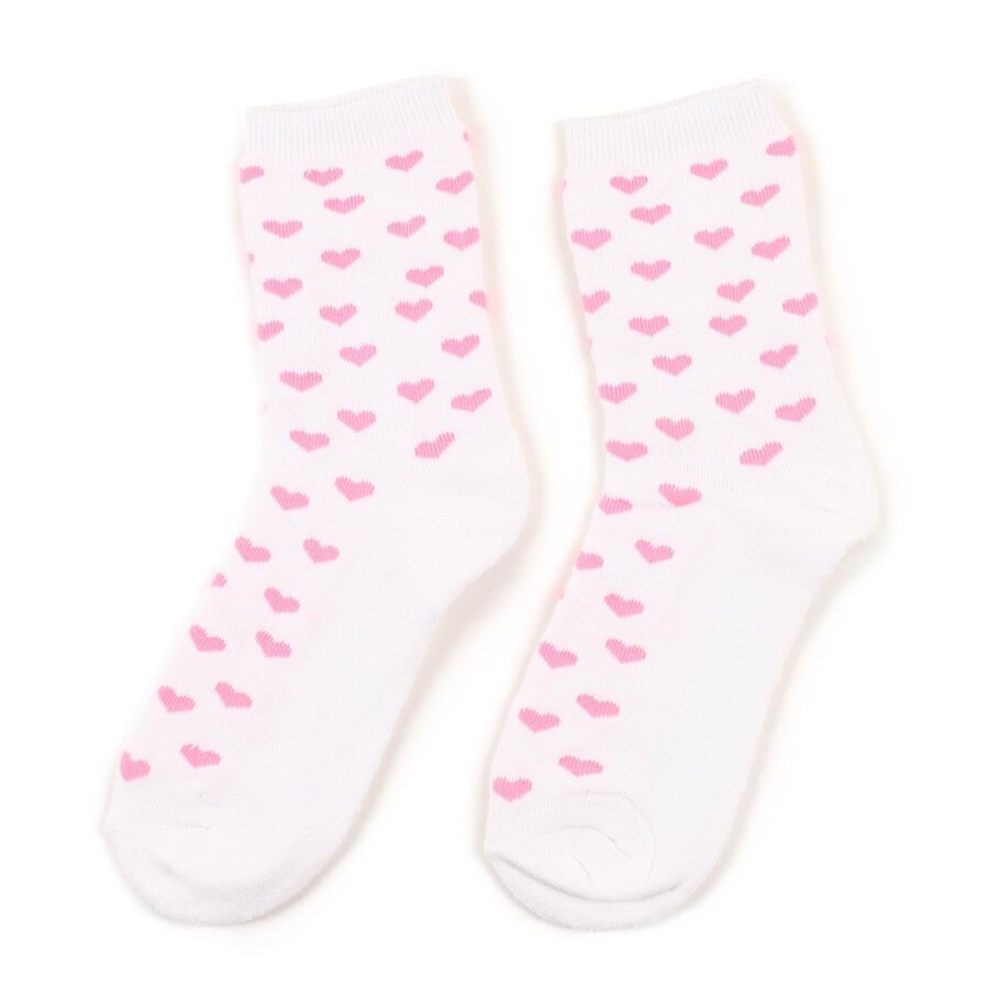 Women's White and Pink Ankle-Length Heart Pattern Socks, ऑफ व्हाइट, large