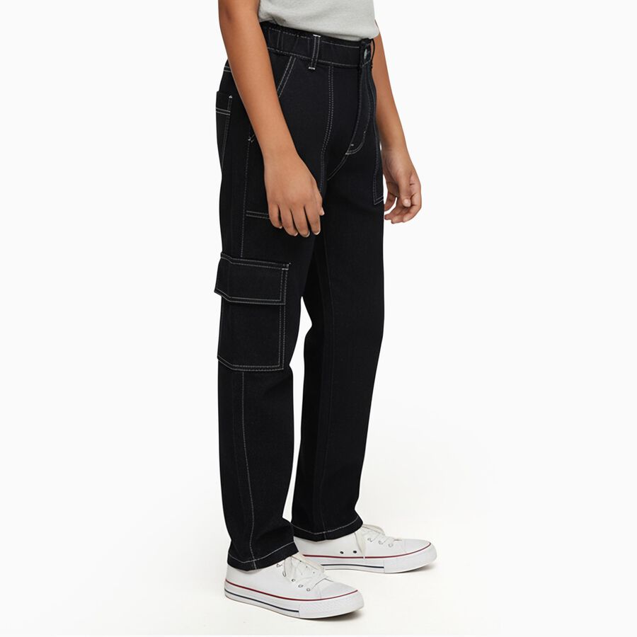 Boys Jet Black Regular Fit Cargo Jeans, Black, large image number null