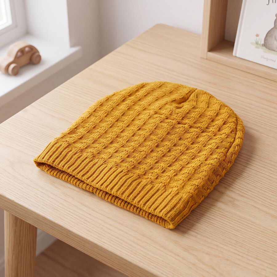 Boys Yellow Textured Knit Beanie Cap, Yellow, large