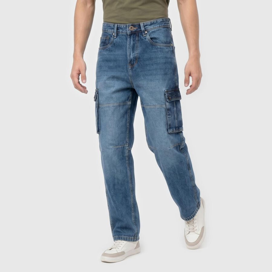 Men's Blue Relaxed Fit Cargo Jeans, गहरा नीला, large