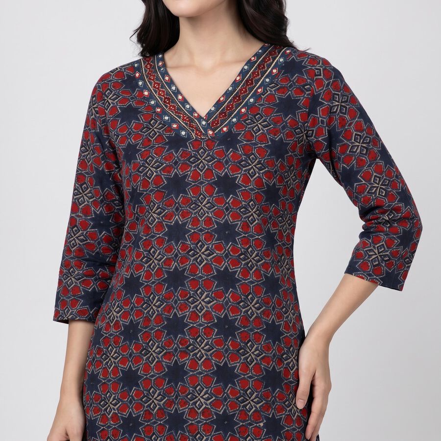 Women's Navy Blue Geometric Printed Ethnic Set, गहरा नीला, large