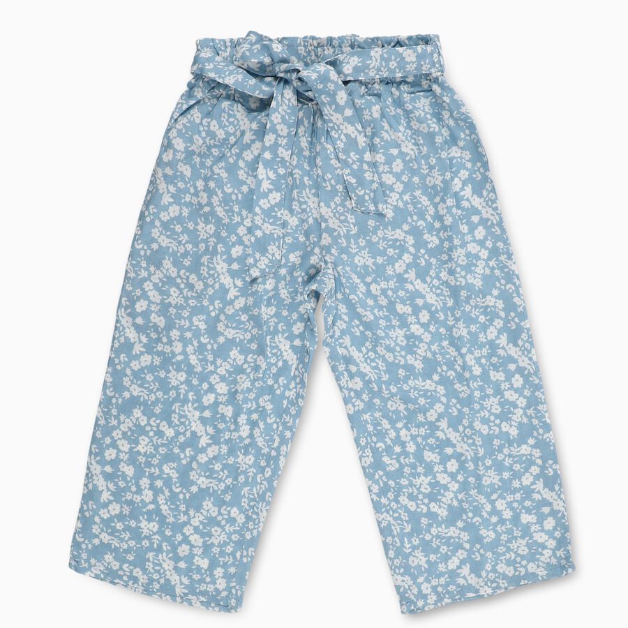 Girls' Light Blue Floral Printed Tie-Waist Capri, Light Blue, large