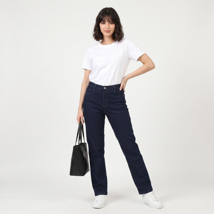 Women's Navy Blue Straight Fit Clean Wash Jeans, Dark Blue, large