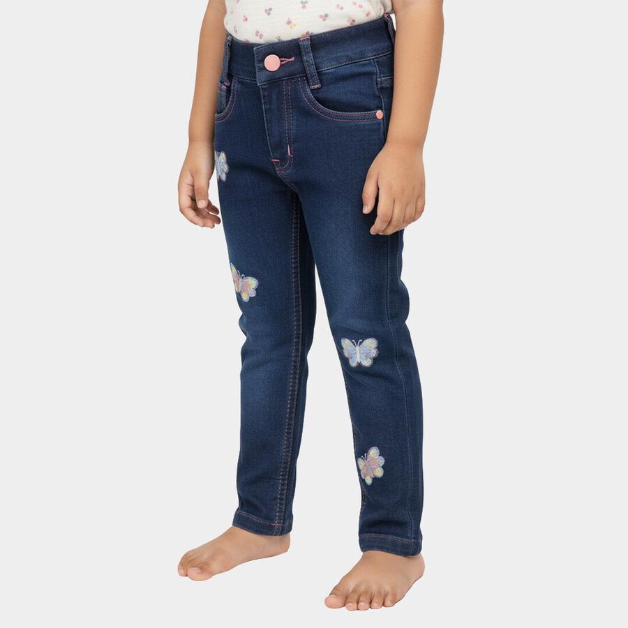 Girls' Dark Indigo Slim Fit Butterfly Embroidered Jeans, गहरा नीला, large image number null