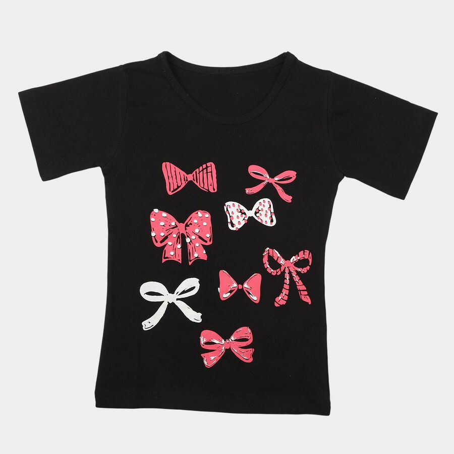 Girls Black Round Neck Regular T-Shirt, काला, large
