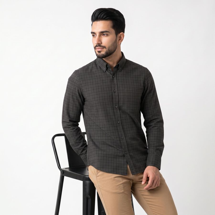 Men's Dark Grey Cotton Button-Down Collar Shirt, गहरा ग्रे, large
