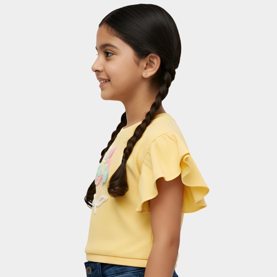 Girls' Yellow Round Neck Ruffle Sleeve Casual T-Shirt, पीला, large