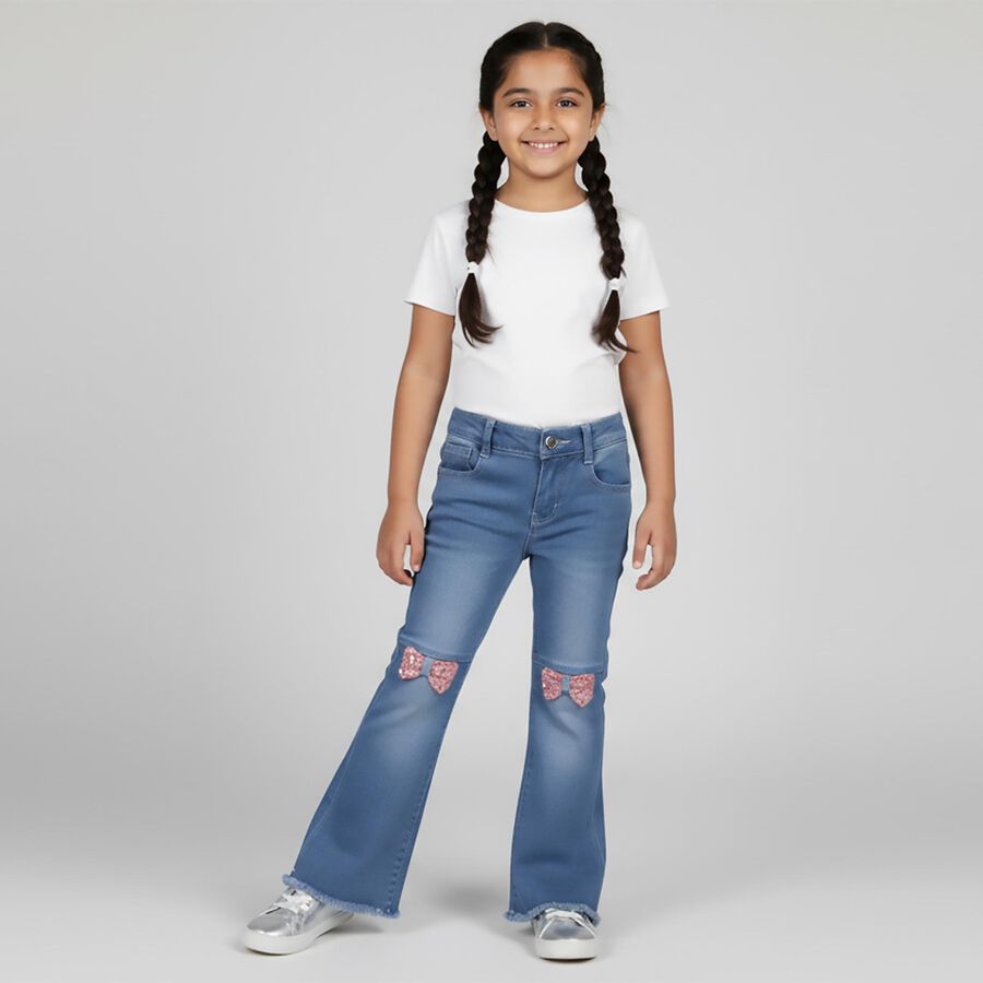 Girls' Light Blue Flared Fit Embellished Jeans, Mid Blue, large image number null