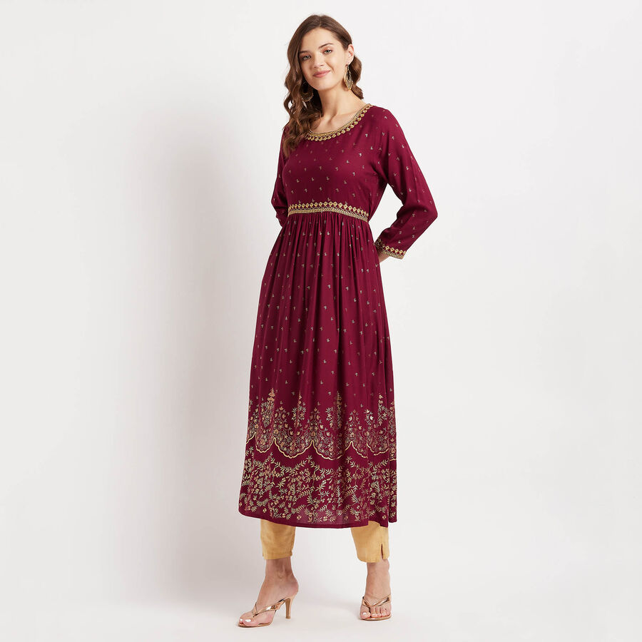 3/4Th Sleeves Flared Kurta, Wine, large image number null