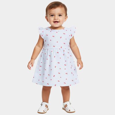Infants' Blue Regular Fit Cherry Printed Striped Frock