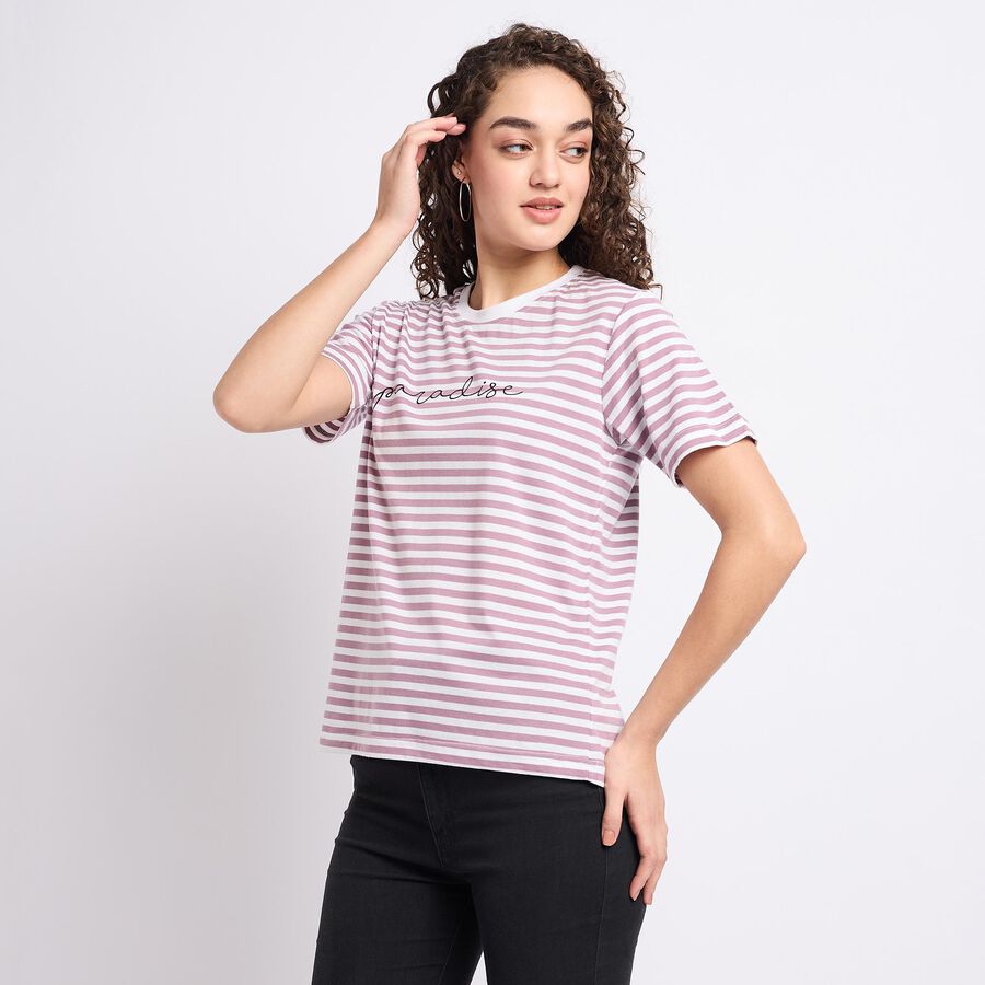 Ladies'  Stripes Round Neck T-Shirt, Purple, large image number null