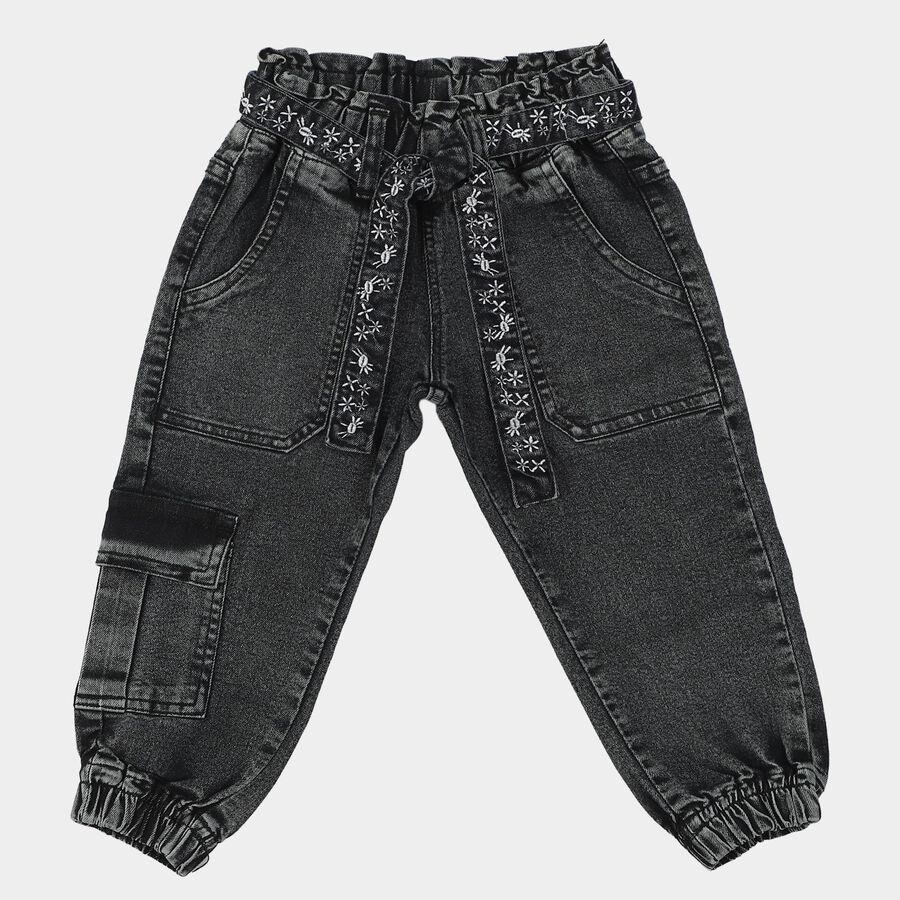 Girls' Black Jogger Fit Embroidered Belt Cargo Jeans, Black, large