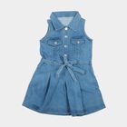 Girls' Light Blue Fit and Flare Belted Shirt Collar Frock, Light Blue, small