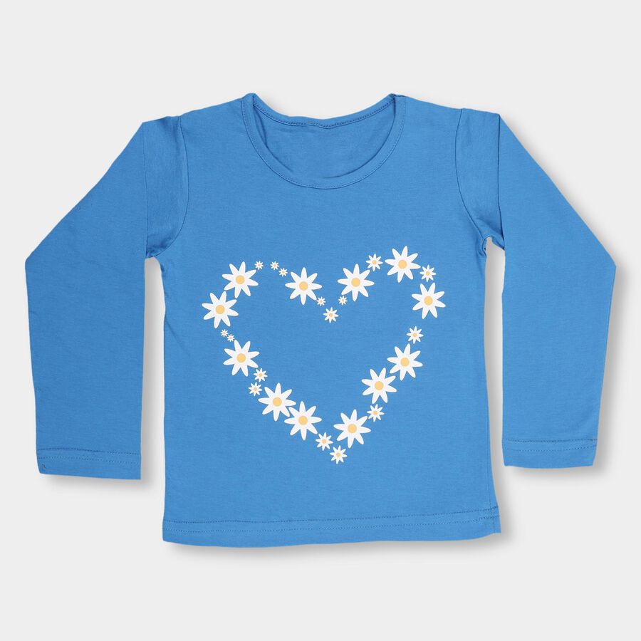 Girls' Bright Blue Cotton Round Neck Casual Top, Mid Blue, large image number null