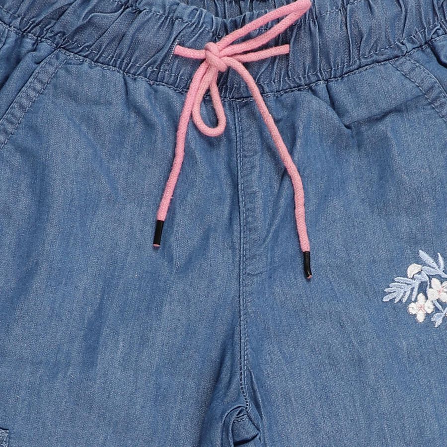 Girls' Stonewashed Blue Cropped Fit Embroidered Jeans, Light Blue, large image number null