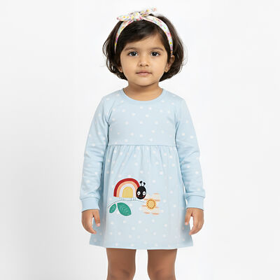 Girls' Light Sky Blue Polka Dot Long Sleeve Frock