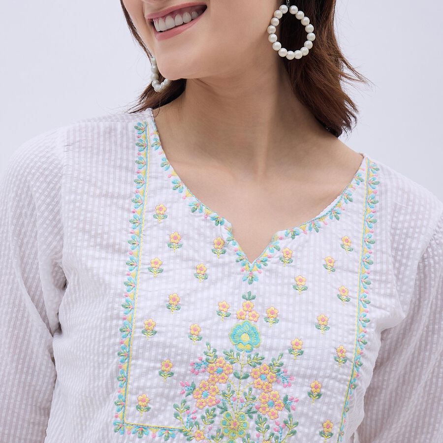 Women's White Cotton V-Neck Embroidered Kurta, ऑफ व्हाइट, large image number null