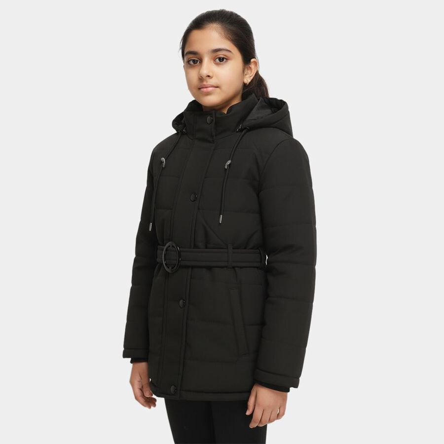 Girls' Jet Black Hooded Casual Jacket, Black, large image number null