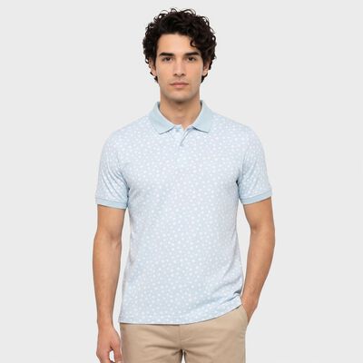 Men's Light Blue Cotton Polo Neck Printed T-Shirt