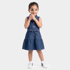 Girls' Navy Blue Tiered Belted Shirt Style Frock, गहरा नीला, small