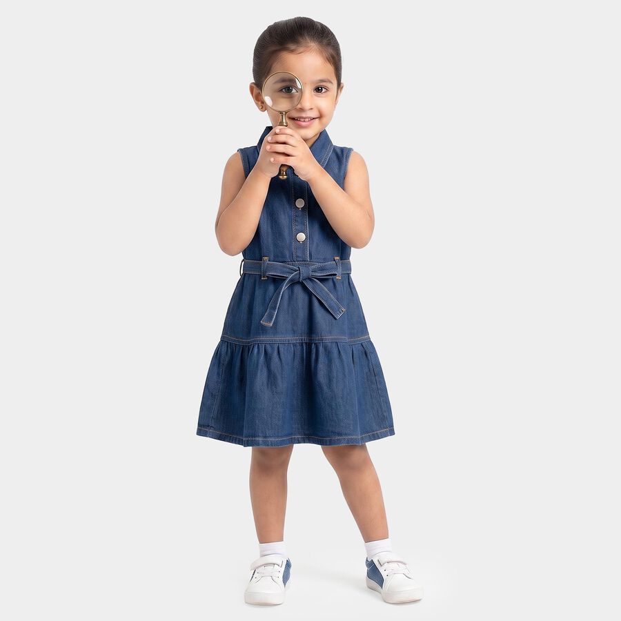 Girls' Navy Blue Tiered Belted Shirt Style Frock, गहरा नीला, large
