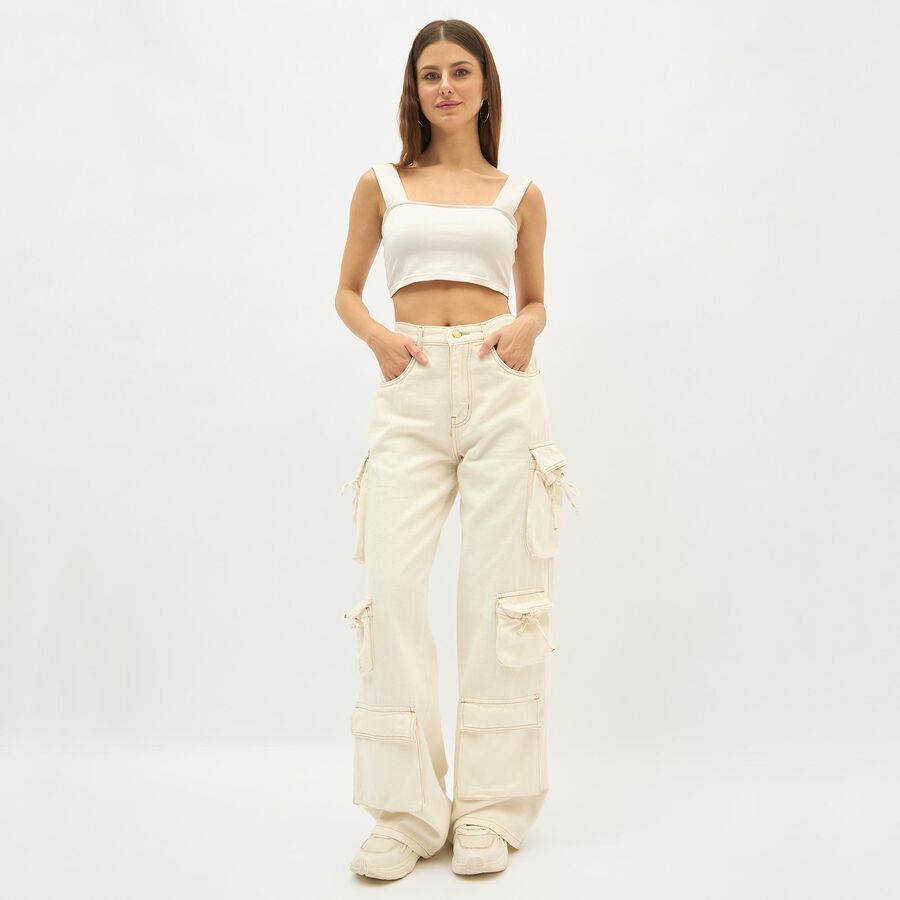 Women's Light Beige Wide Leg Cargo Jeans, ऑफ व्हाइट, large image number null