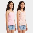 Girls Pink Cotton Square Neck Sleeveless Vest, हल्का गुलाबी, small
