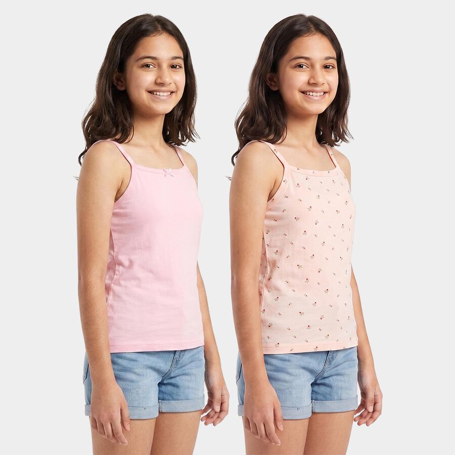 Girls Pink Cotton Square Neck Sleeveless Vest, हल्का गुलाबी, large