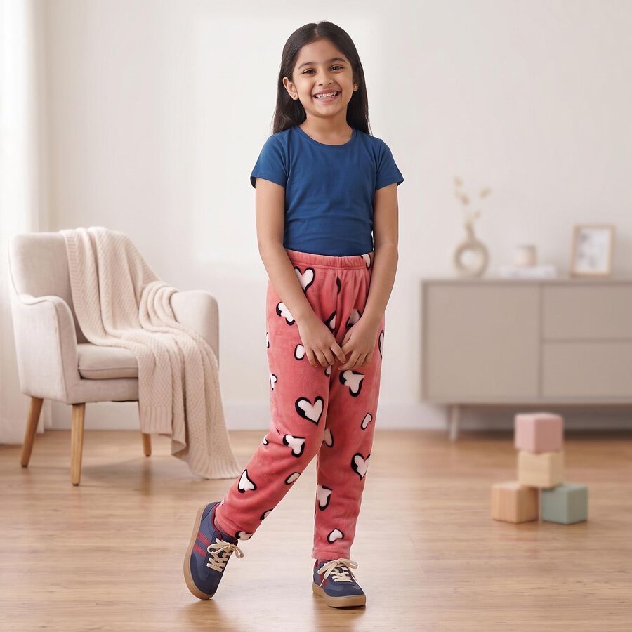 Girls' Pink Regular Fit Heart Print Winter Pyjama, Pink, large