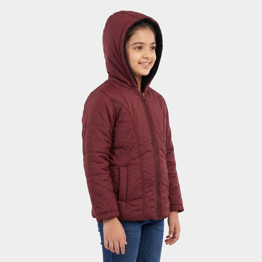 Girls' Wine Hooded Puffer Jacket, Wine, large