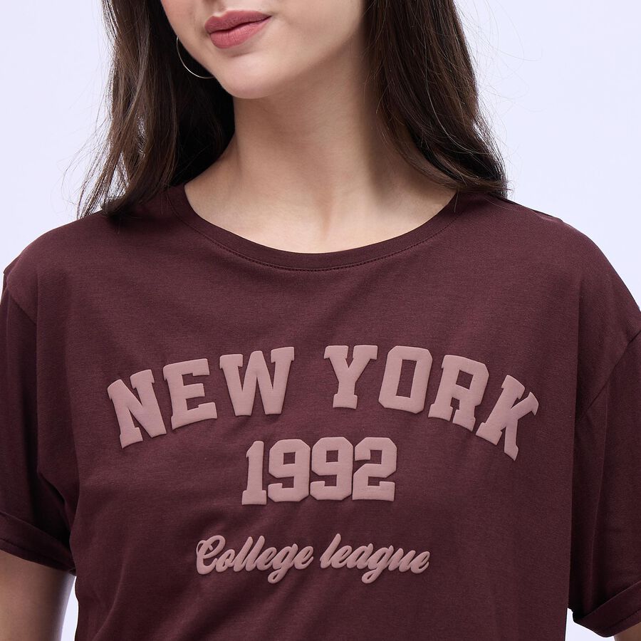 Women's Deep Maroon Cotton Round Neck Casual T-Shirt, Brown, large
