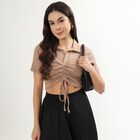 Women's Rich Eggshell White 100% Cotton Mock Neck Minimalist Top, Beige, small