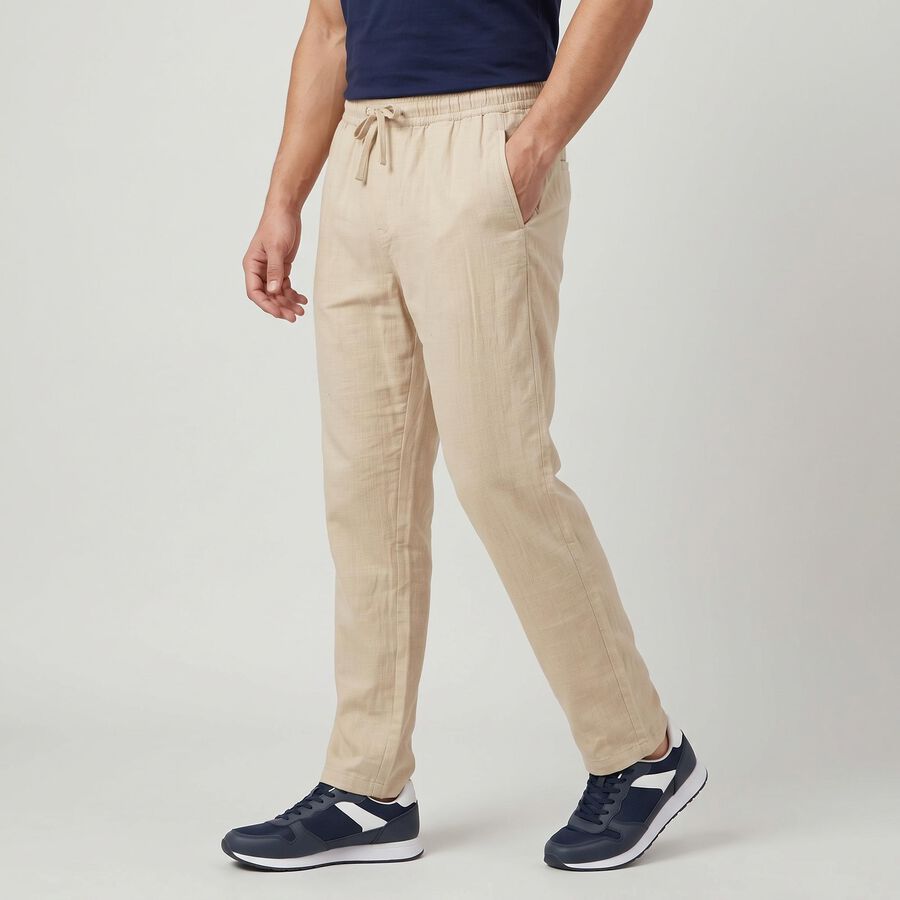 Men's Beige Slim Fit Drawstring Chino Trousers, Beige, large