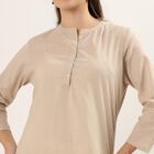 Women's Beige 100% Cotton Notch Neck Printed Straight Kurta, Beige, small
