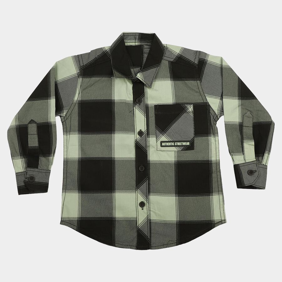 Boys Olive Green Cotton Long Sleeve Collared Shirt, Olive, large