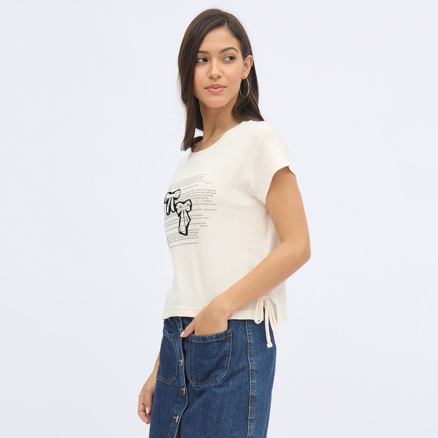 Women's Off-White Cotton Round Neck Casual Crop T-Shirt, Off White, large image number null