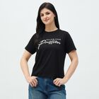 Women's Jet Black Cotton Round Neck Casual T-Shirt, काला, small