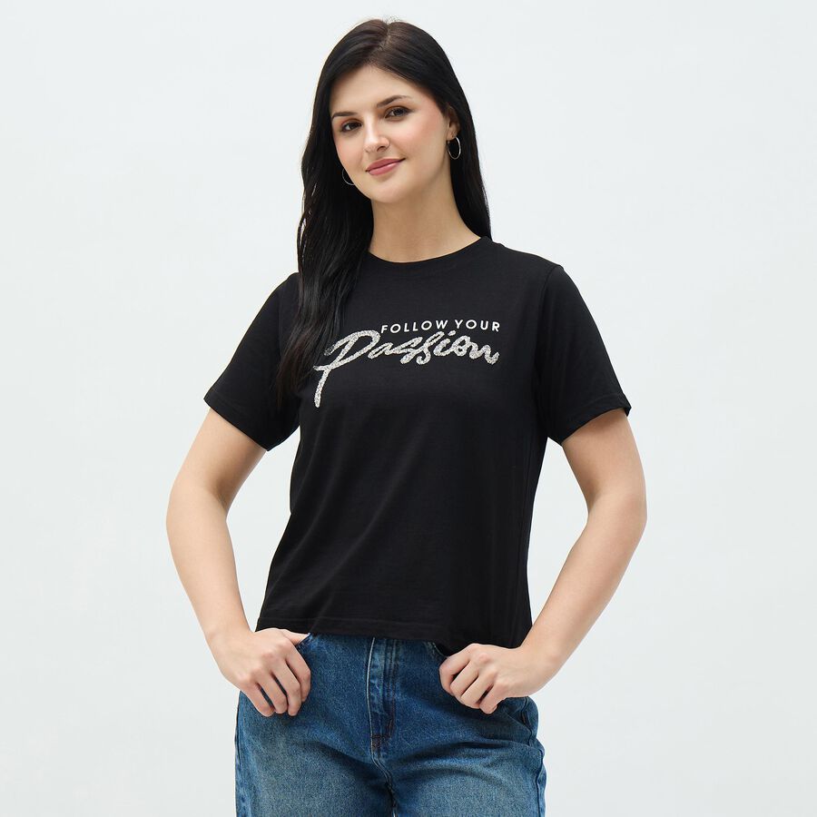 Women's Jet Black Cotton Round Neck Casual T-Shirt, काला, large