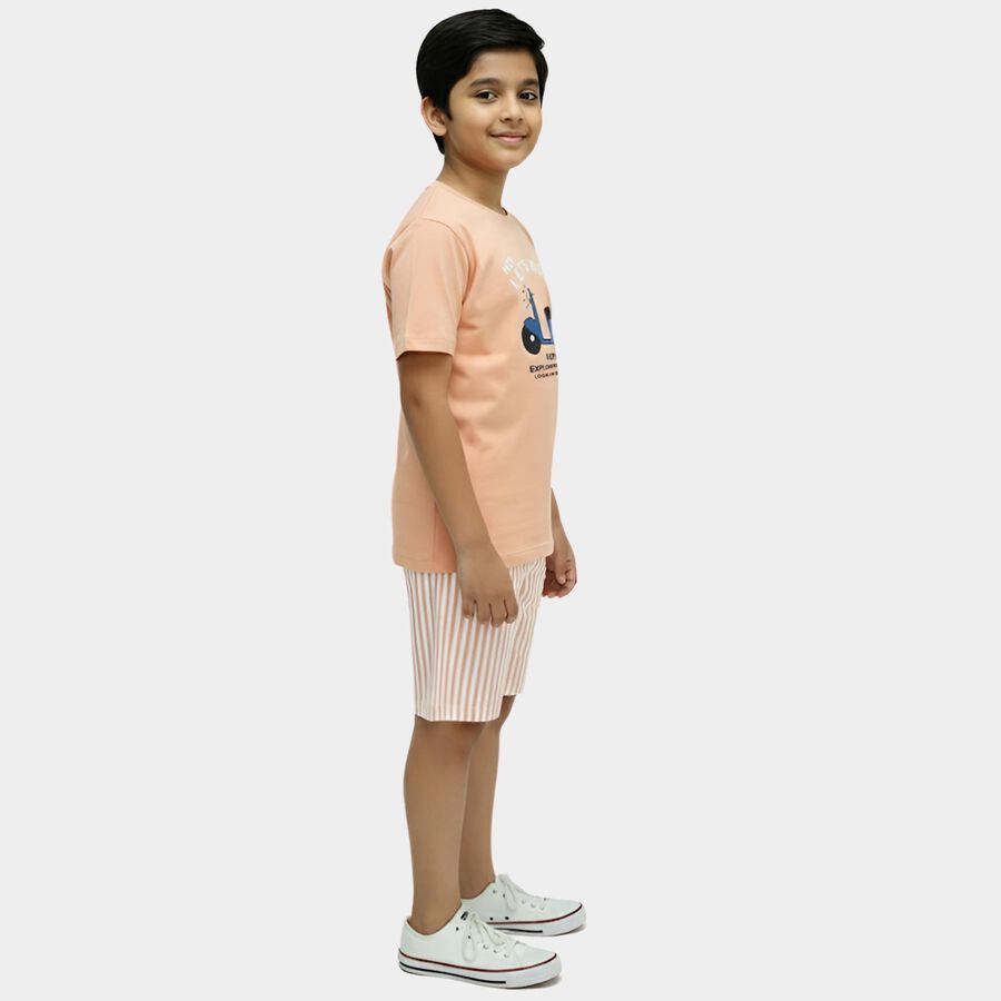 Boys' Peach Cotton Round Neck Graphic Printed Night Suit, मूँगा (कोरल), large