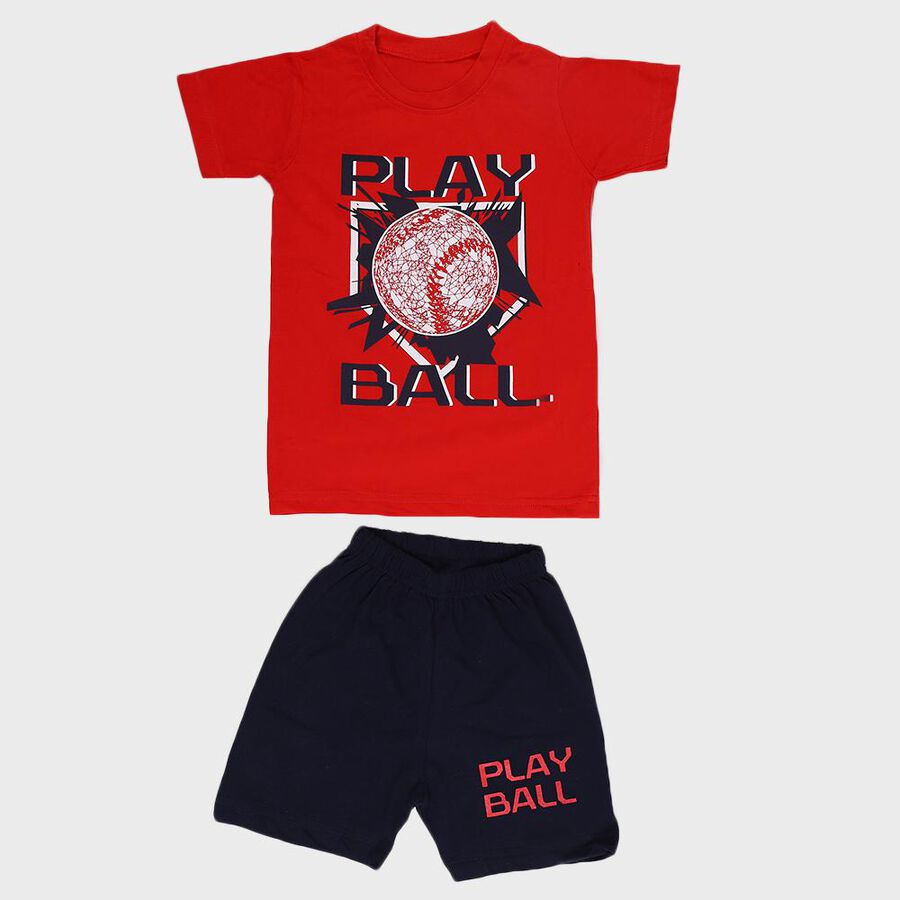 Boys Red Round Neck Printed Baba Suit, Red, large