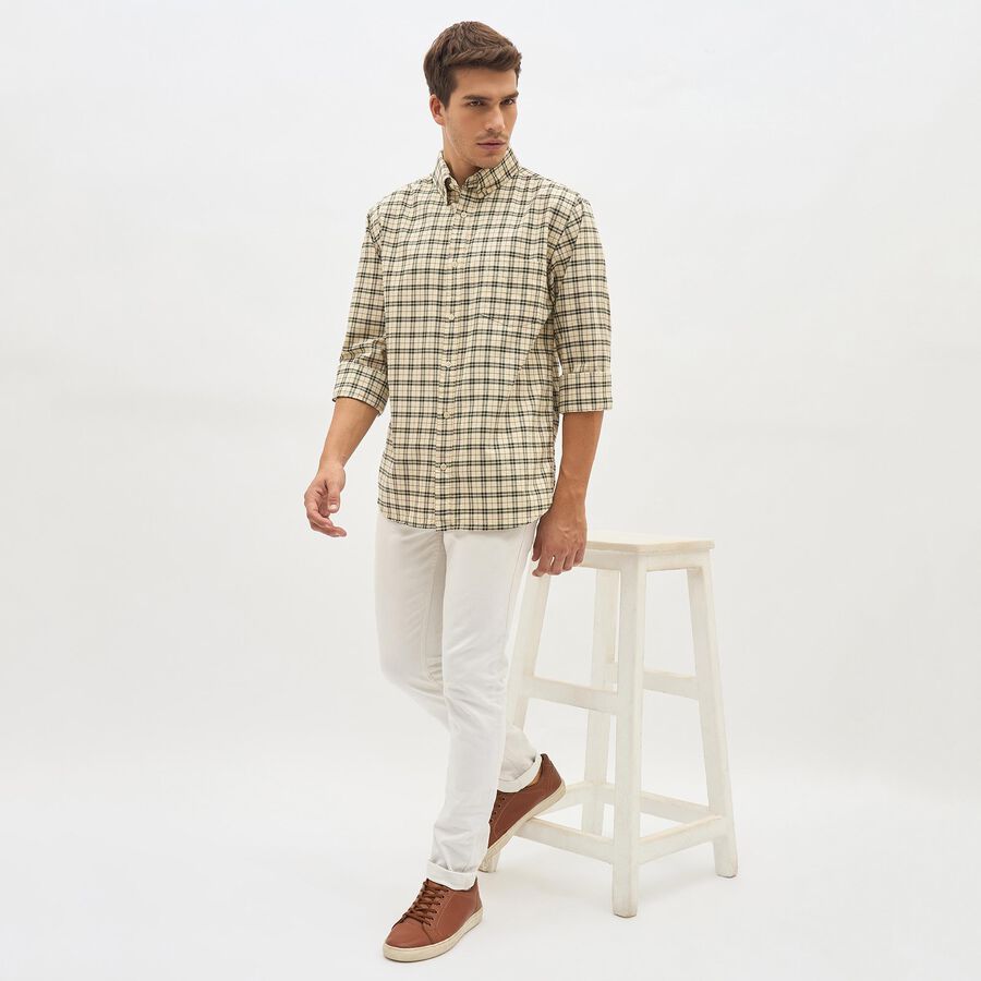 Men's Muted Beige Cotton Button Down Slim Fit Shirt, गहरा पीला, large image number null