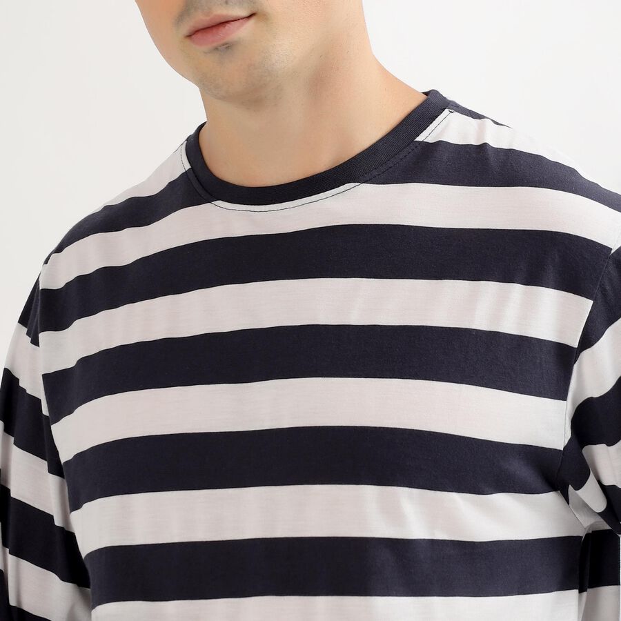 Men's Navy and White Crew Neck Casual T-Shirt, मध्यम नीला, large image number null