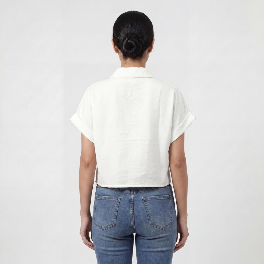 Women White Half Sleeve Lapel Collar Minimalist Shirt, सफ़ेद, large