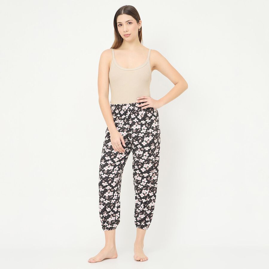 Women's Jet Black Relaxed Fit Elastic Waist Harem Pants, काला, large