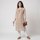Women's Beige Round Neck Printed Kurta, Beige, small